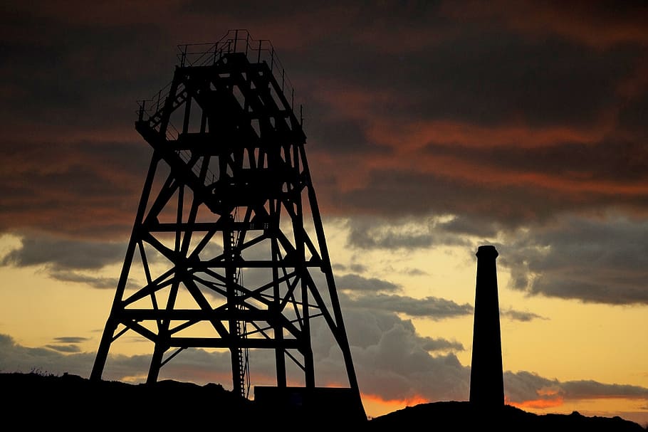 silhouette, tower, lighthouse, gray, orange, sky, drilling tower, chimney, factory, building
