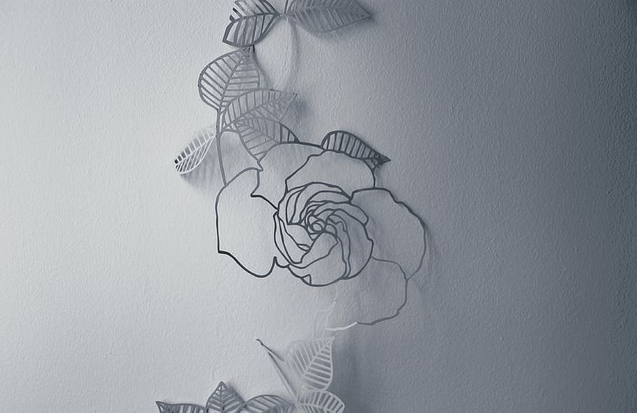 cinza, decoração de flores de metal, foto, rosa, fio, parede, decoração, branco, flor, desenho