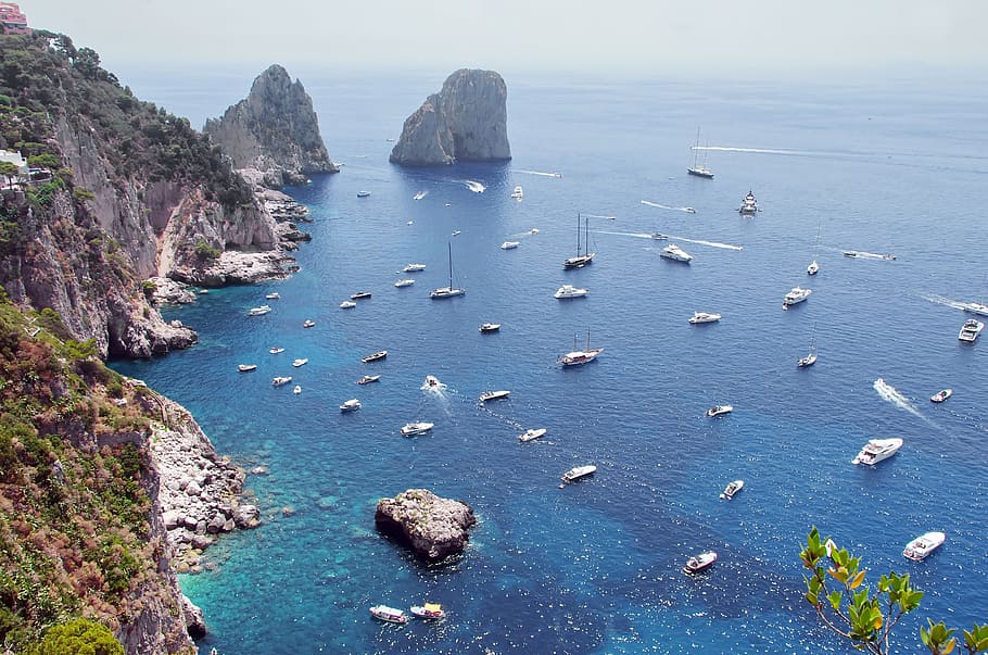 alto, foto do ângulo, barcos, ilhota, Itália, Capri, panorama, porto, azul, costa