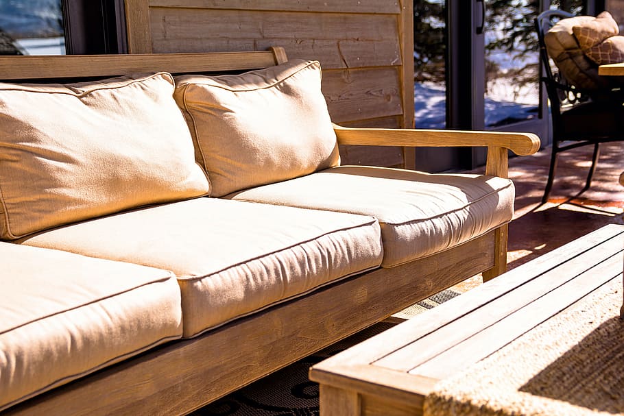 brown, wooden, framed, fabric, padded, sofa, daytime, couch, furniture, outdoor