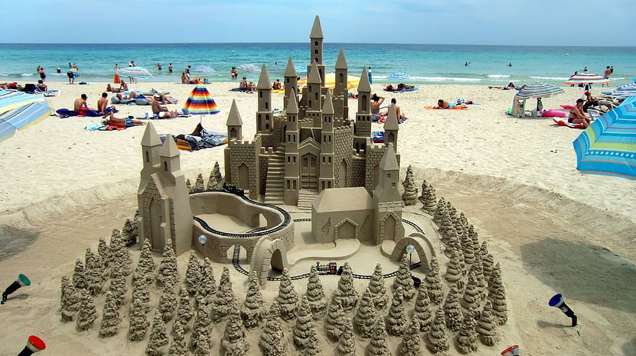 castillo de arena, playa, mallorca, sandburg, vacaciones, verano, sol, arena, mar, mediterráneo