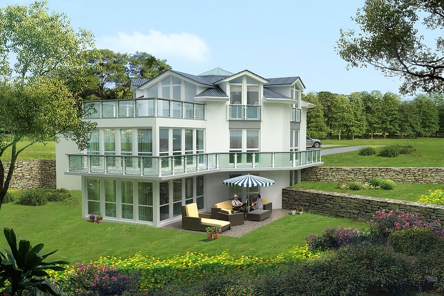 white, 3-storey, modern, house, green, field, single family home, villa, rendering, visualization