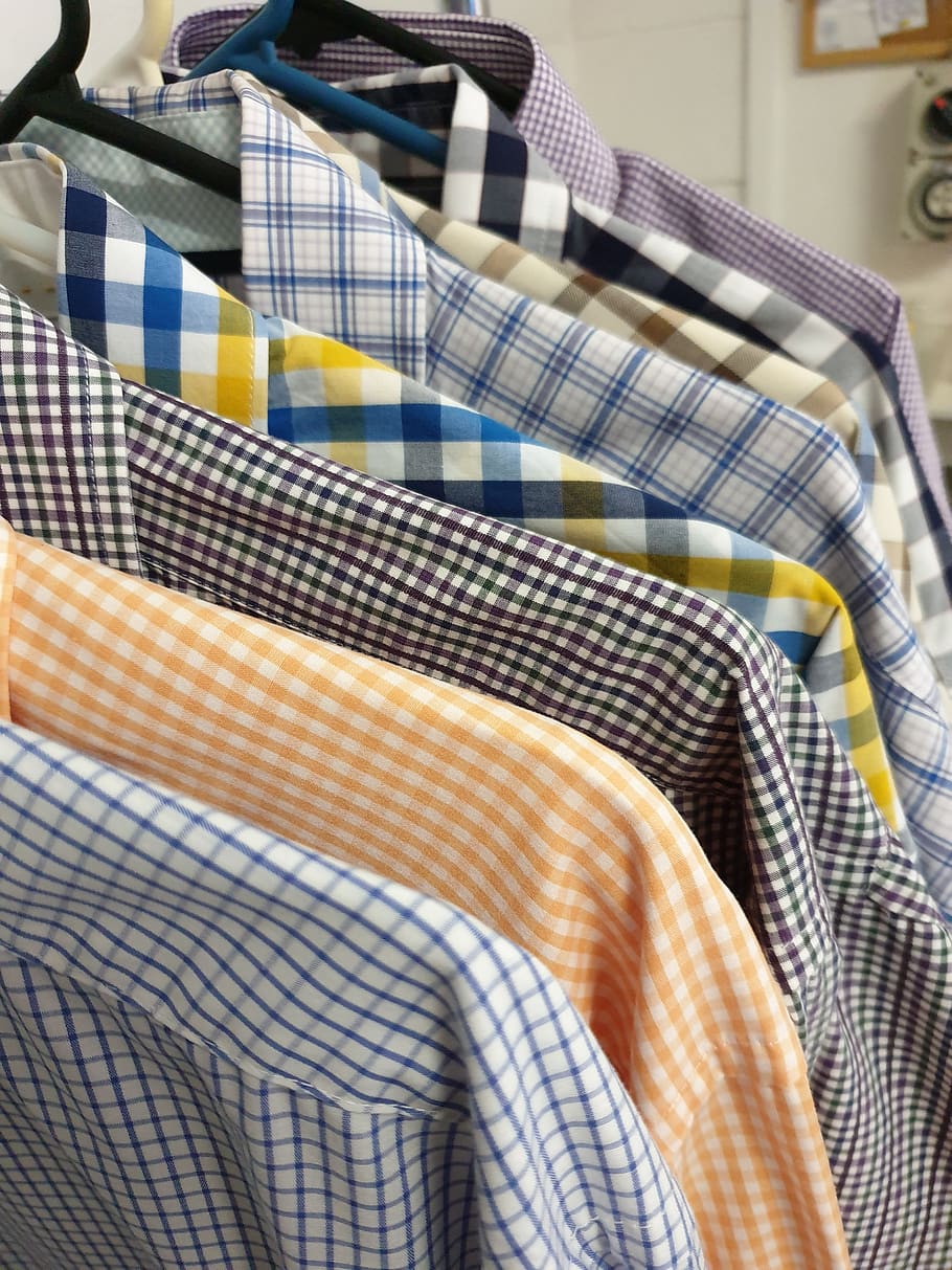 kemeja, laundry, setrika, pakaian, tekstil, pola diperiksa, dalam ruangan, button down shirt, eceran, mode