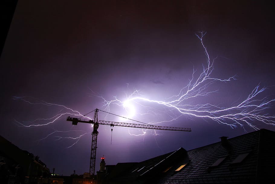 crane, ground, lightning background, thunderstorm, flash, hurricane, nature, disaster, natural disaster, rain