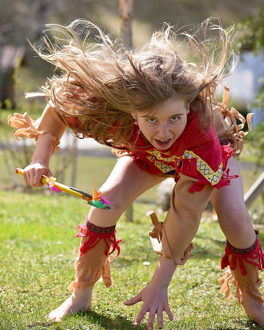 girl, tribal, stance, human, child, blond, long hair, indians, indian, play