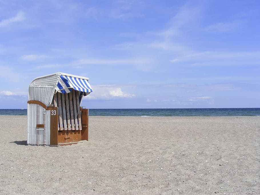 azul, marrom, de madeira, tenda, corpo, água, cadeira de praia, praia, costa, mar