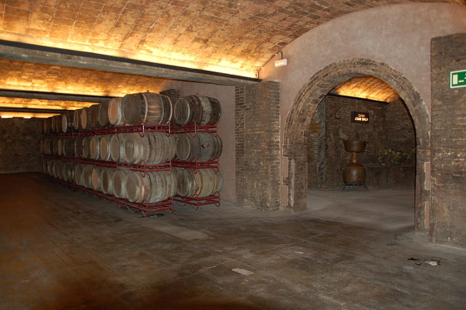gudang barel, berbalik, cahaya, gudang anggur, anggur, spanyol, tong anggur, gudang, arsitektur, di dalam ruangan