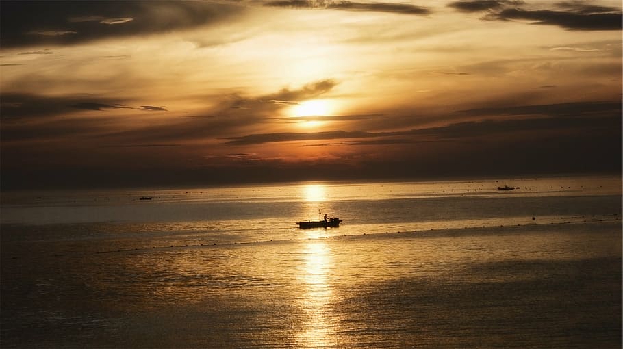 bote, cuerpo, agua, silueta, mar, nubes, dorado, hora, puesta de sol, barcos