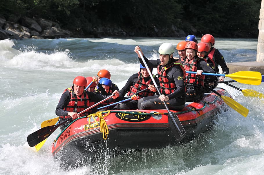 people, riding, red, black, inflatable boat, rafting, white water rafting, white water raft, adventure, sports