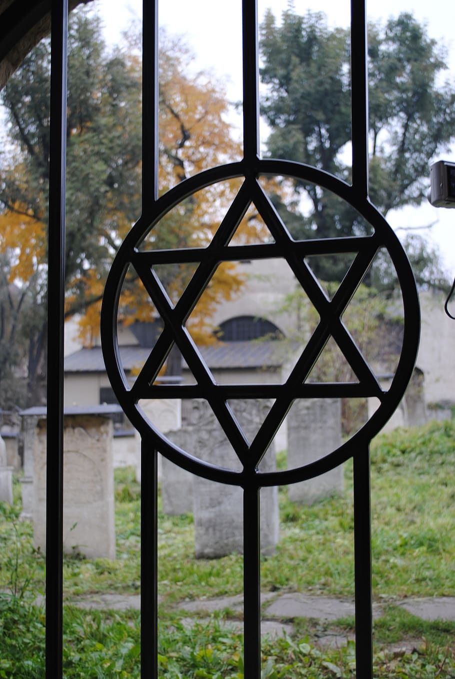 cemitério, judeu, memorial, cemitério judaico, estrela de david, janela, dia, vidro, material, metal