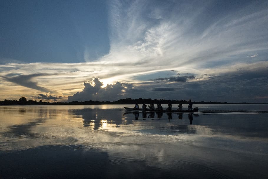 rio negro, sunrise, boat, amazonia, water, reflection, sky, cloud - sky, tranquility, beauty in nature