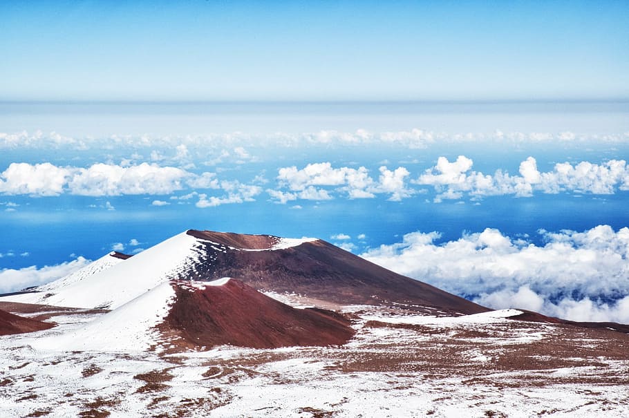 mountain, hawaii, mauna kea, summit, island, nature, landscape, clouds, water, ocean