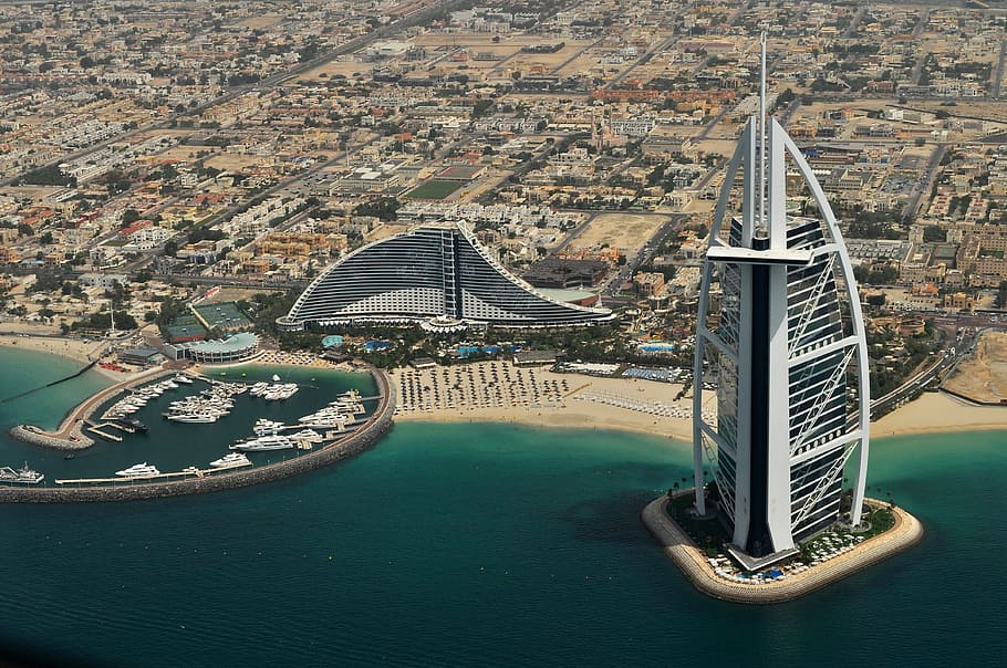 Dubai paisaje urbano, Emiratos Árabes Unidos, -, Dubai, paisaje urbano, Burj Al Arab, Jumeirah, EAU, Burj Al Arab Jumeirah, costa