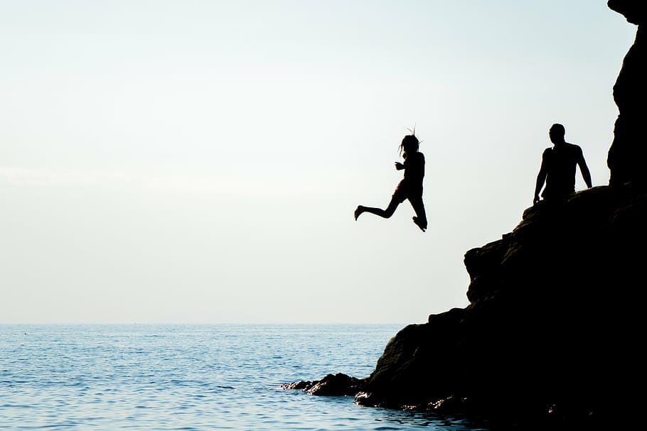 person, jumping, body, water, sea, ocean, coast, shore, beach, rocks