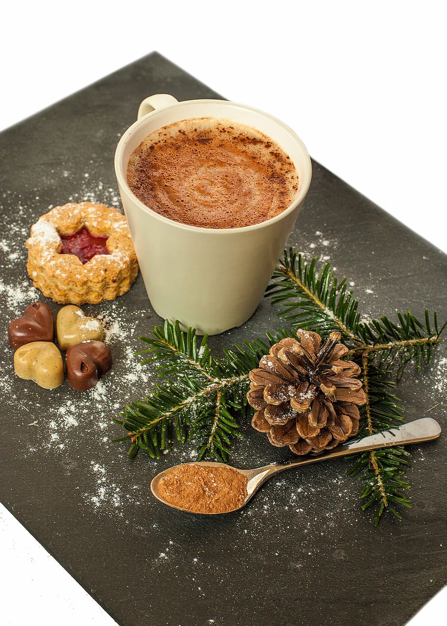 beige, ceramic, mug, filled, chocolate drink, spoon, cookie, hot chocolate, cocoa, advent