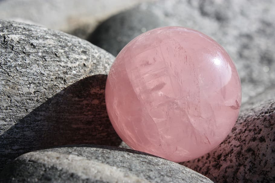 pink, ball, gray, rocks, rose quartz, quartz, decoration, stones, garden, art