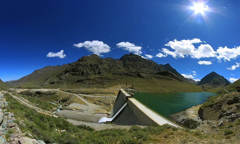 tubería, central hidroeléctrica, huanza, perú, presa de agua, dragado, planta de energía, portón, cumbre de la montaña, montaña