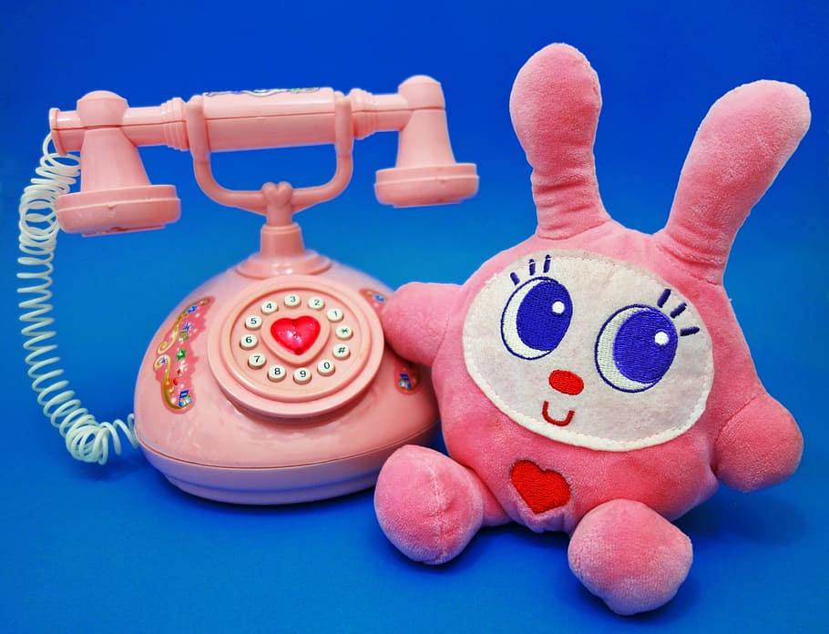 pink, white, plush, toy, rotary, phone, rabbit, bunny, stuffed bunny, stuffed animal