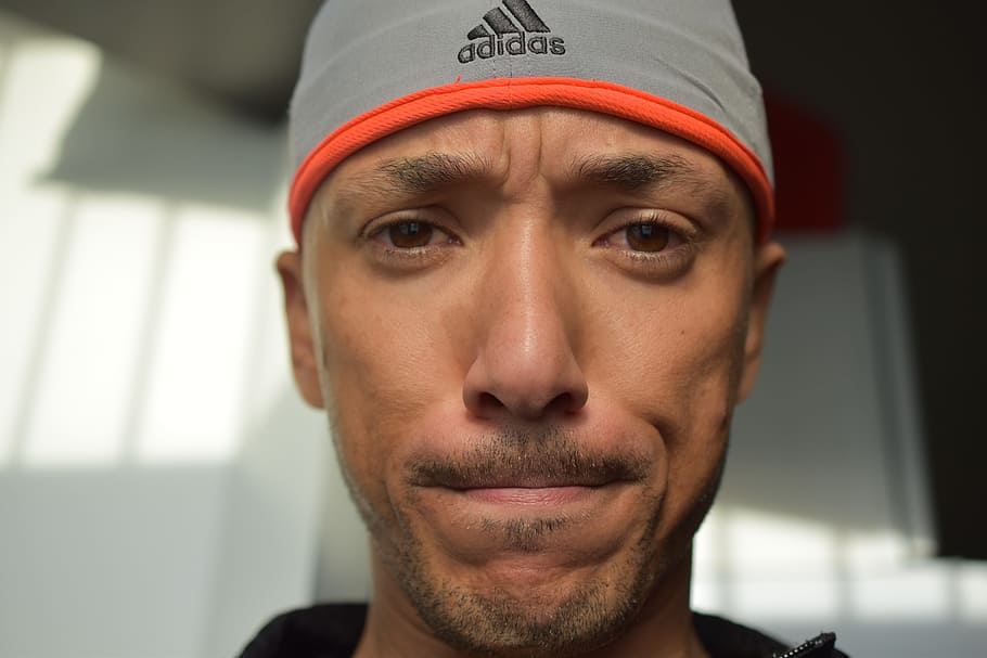 wearing, gray, adidas cap, Face, Look, Gesture, Man, Male, worried, young