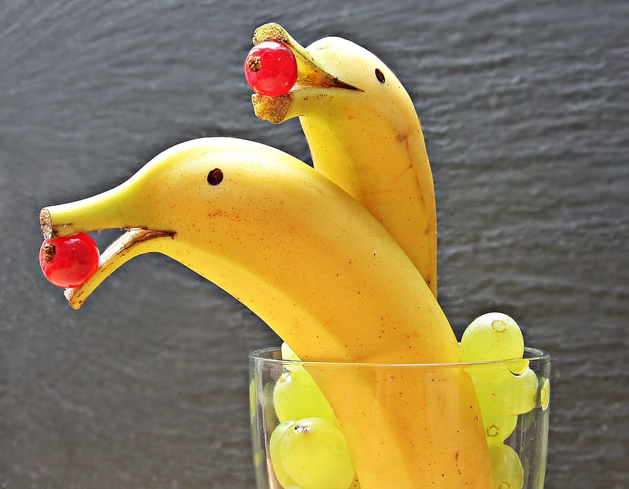 Dos, plátano delfín, formado, decoración de mesa, plátano, delfín, mesa, decoración, plátanos delfin, plátanos