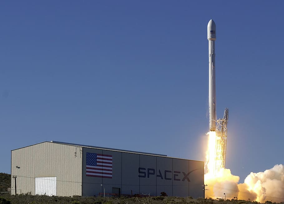 white, rocket, launch, daytime, lift-off, rocket launch, spacex, flames, propulsion, space