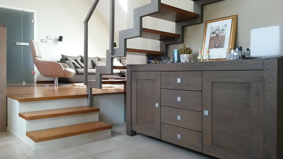 brown, wooden, 4-drawer, 4- drawer sideboard, living room, modern interior, apartment, stairs, contemporary, lifestyle
