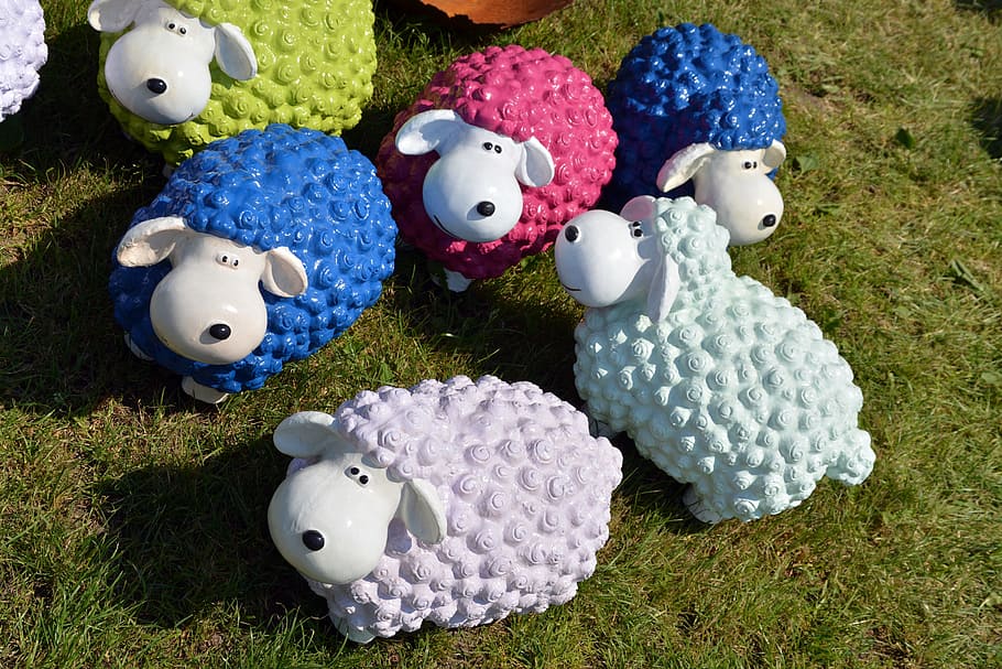 Sheep, Colorful, Decoration, funny, garden decoration, cultures, stuffed toy, close-up, grass, day