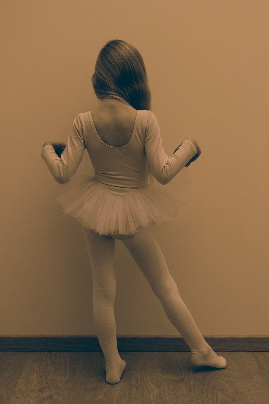 greyscale photo, ballerina, facing, wall, greyscale, girl, dancer, ballet, young, tutu