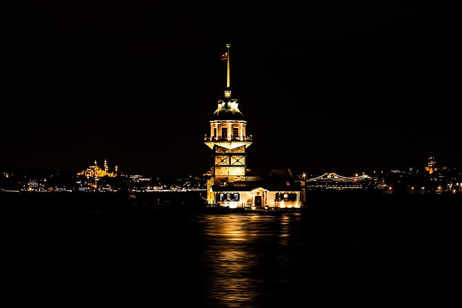 light house, surrounded, water, nighttime, Istanbul, Night, Throat, Beautiful, Ship, üsküdar
