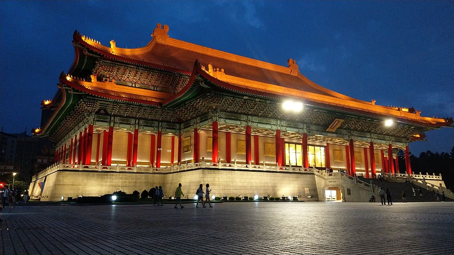 taipei, national theater, chiang kai-shek memorial hall, illuminated, architecture, building exterior, night, built structure, travel destinations, city