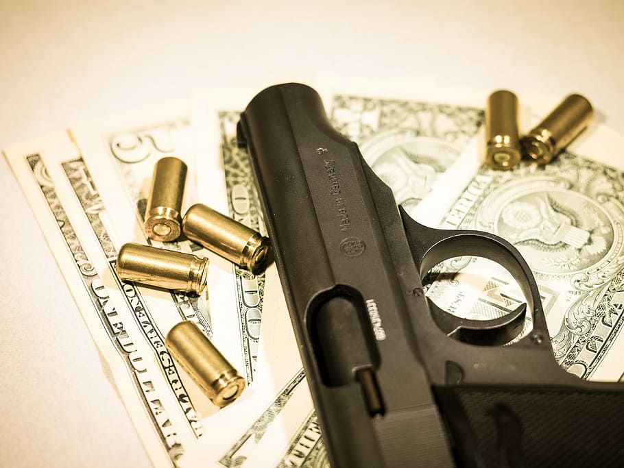 gun, Bullets, Cash, photos, public domain, weapon, handgun, crime, bullet, currency