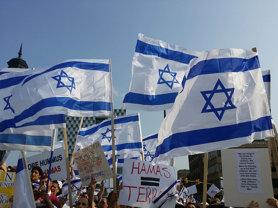 people, holding, israel flags, protest, demonstration, israel, political, sign, banner, protester