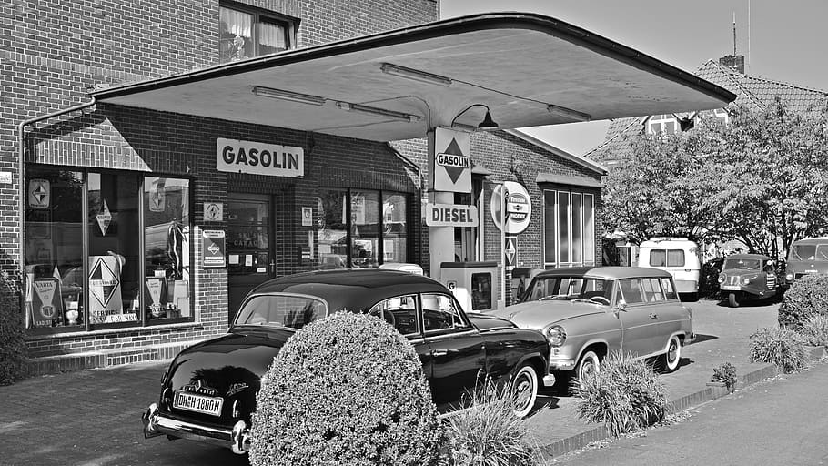 negro, blanco, Vintage, Gasolinera, Blanco y negro, gas, estación, transporte, coche, calle