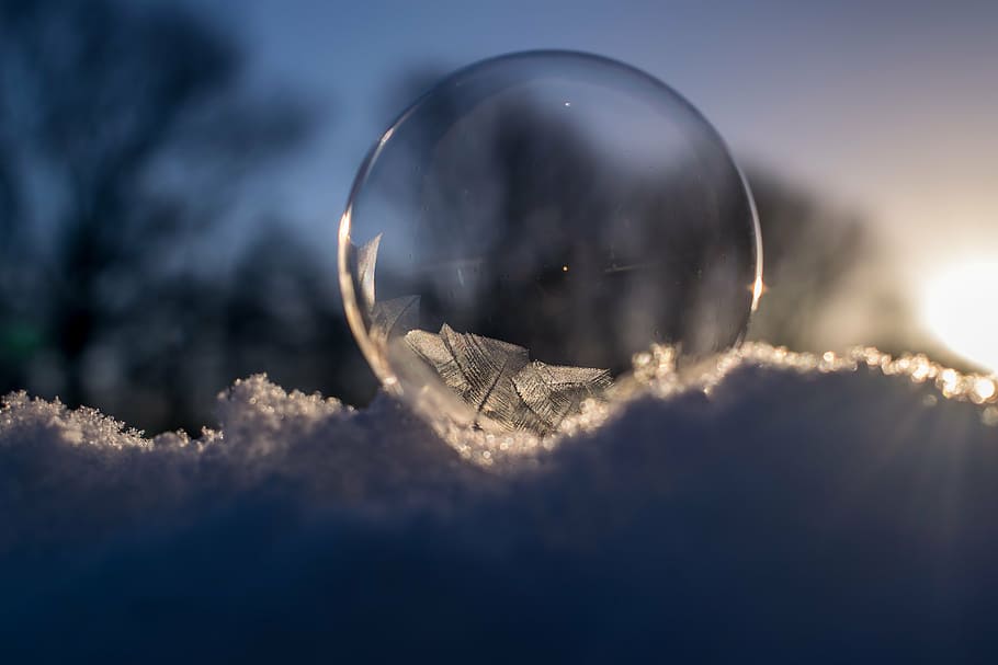 soap bubble, frozen, frozen bubble, winter, eiskristalle, wintry, cold, snow, ball, frost blister