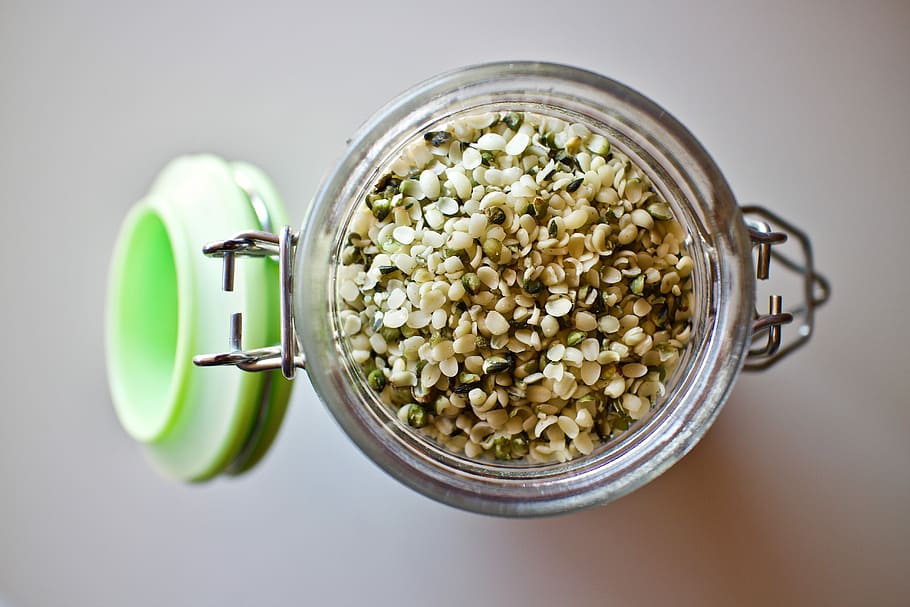 seed, inside, clear, glass jar, hemp seeds, hemp seeds shelled, seeds, health, omega3, gluten-