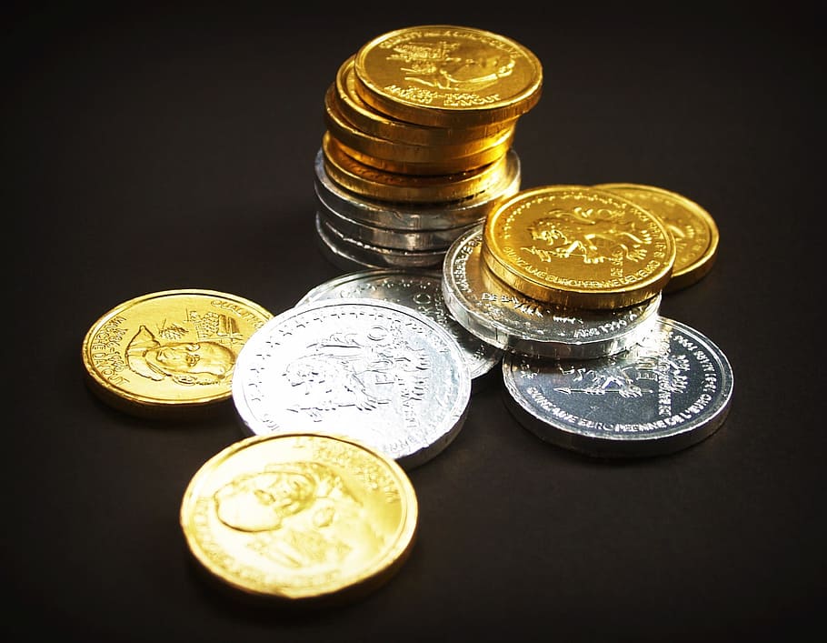 assorted, round gold-colored, silver-colored coins, black, surface, Coin, Gold, Cash, Isolated, Tower