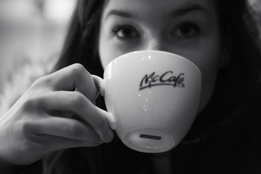 people, girl, lady, woman, drinking, coffee, mcdonald's, mccafe, one person, cup