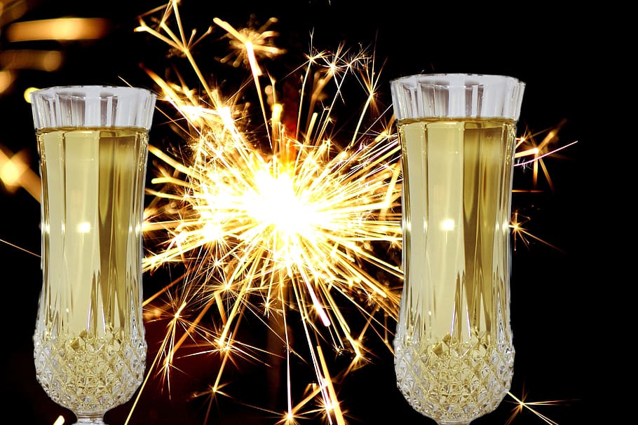 brown, spark, light, new year's eve, champagne glasses, sparkler, abut, celebration, birthday, occasion