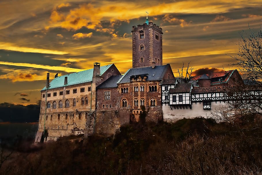 gray, blue, concrete, house, sunset, thuringia germany, eisenach, wartburg castle, luther, junker jörg