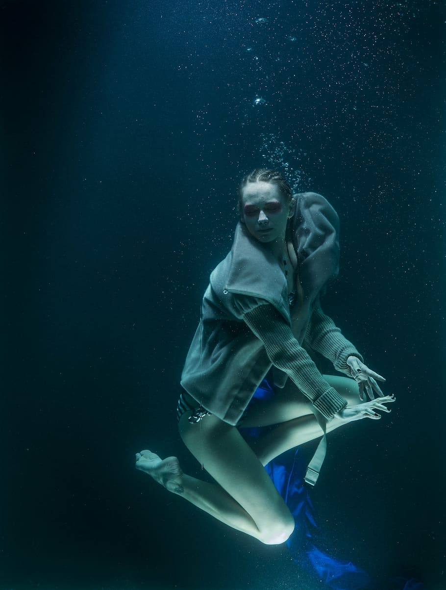woman dancing, sea, under water, fashion, woman, increased, water, tank, fine art, model