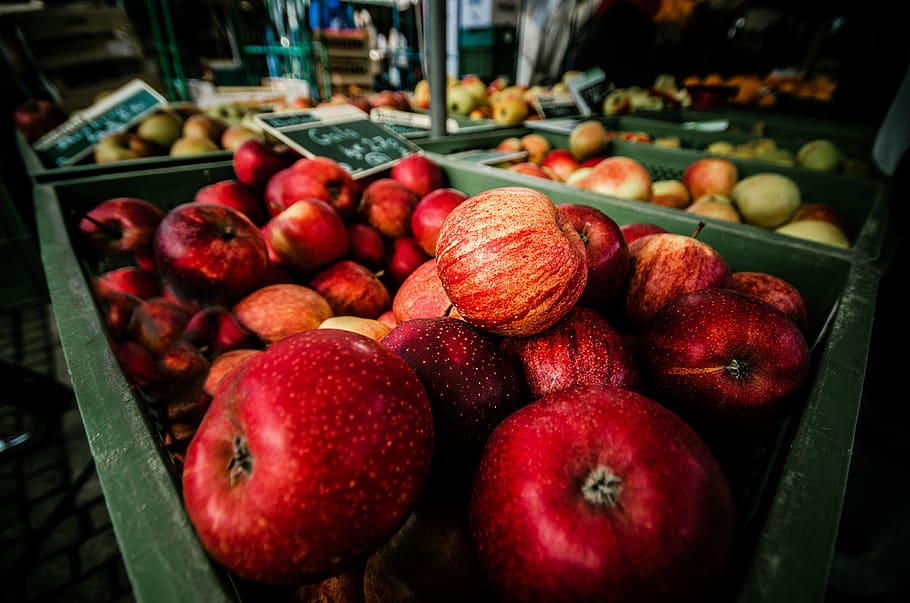 pasar, merah, apel, toko, segar, makanan, buah, pir, hijau, keranjang