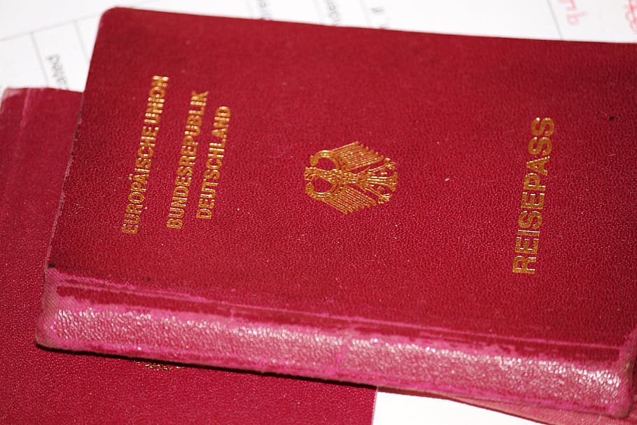 passaporte, documento, visto, alemão, texto, vermelho, comunicação, close-up, dentro de casa, vista de alto ângulo