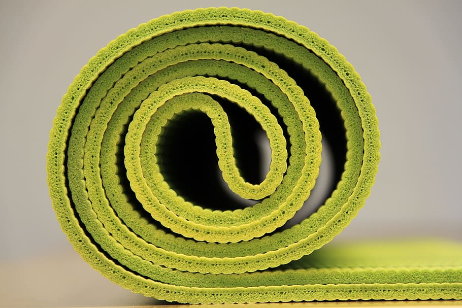 green fabric mat, yoga, yoga mat, green, green color, fern, close-up, spiral, plant, growth