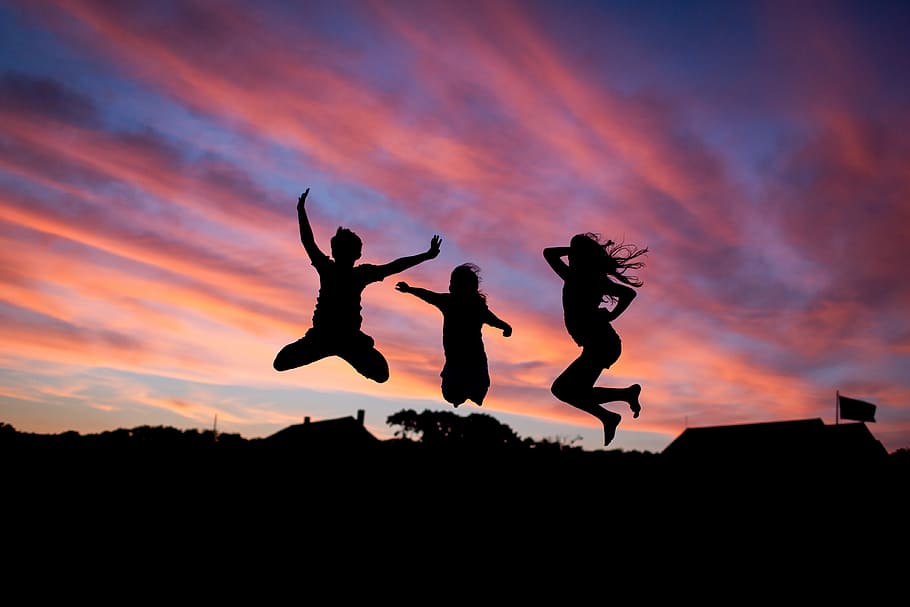 silhouette, three, people, jumping, sunset, happiness, happy, fun, young, joy