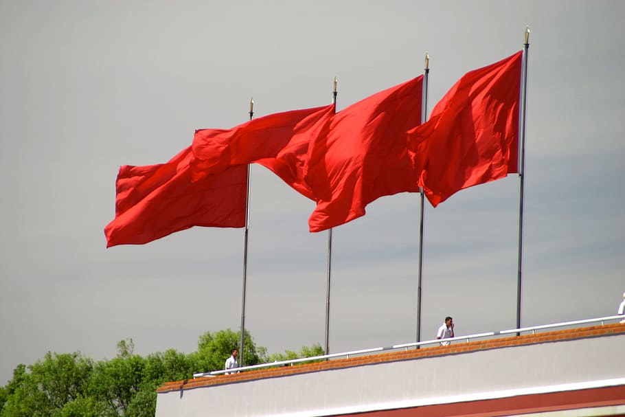 four, red, flags, poles, flag, socialism, flagpole, flutter, blow, china