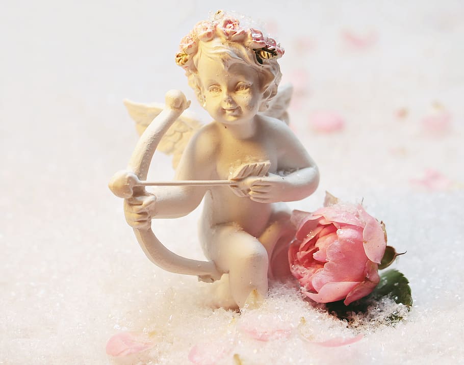 selective, focus photography, white, marble cupid figurine, pink, rose, Cherub, ceramic, figurine, pink rose