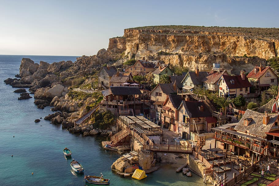 popeye village, mediteranean sea, Malta, Cliffs, rock face, rock, stone, sea, ocean, blue