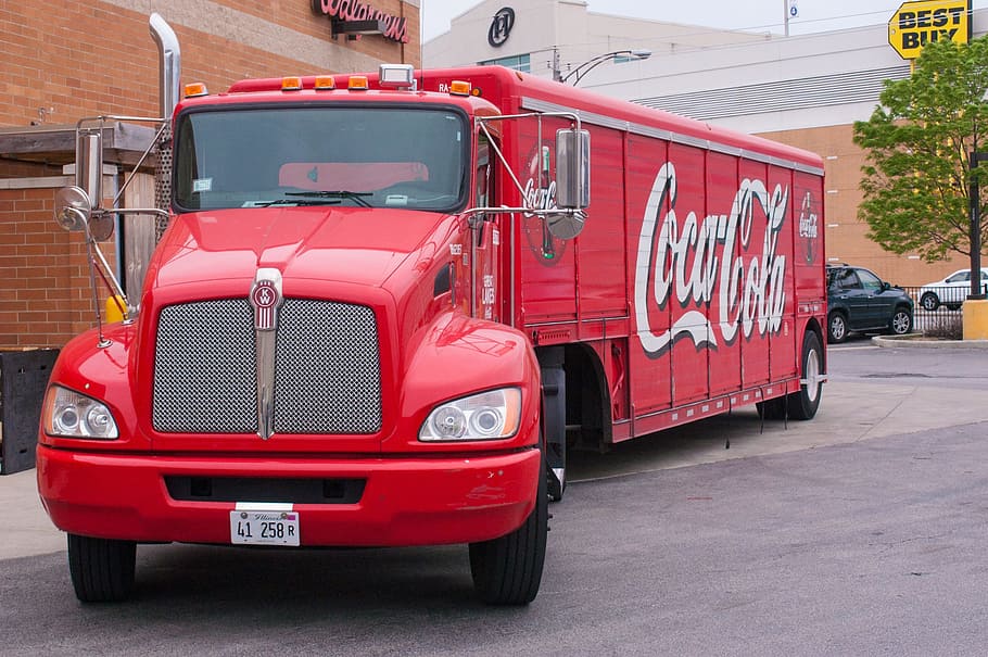 truk, merah, coca-cola, amerika, klasik, gaya, pengiriman, warna, mobil, jalan raya