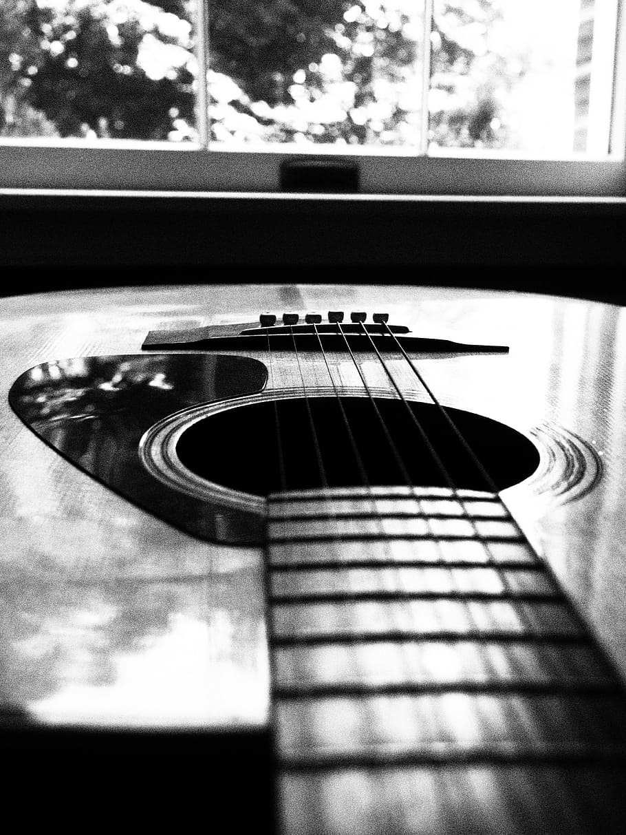 guitar, acoustic, black white, string, wood, fretboard, musical instrument, music, musical equipment, string instrument