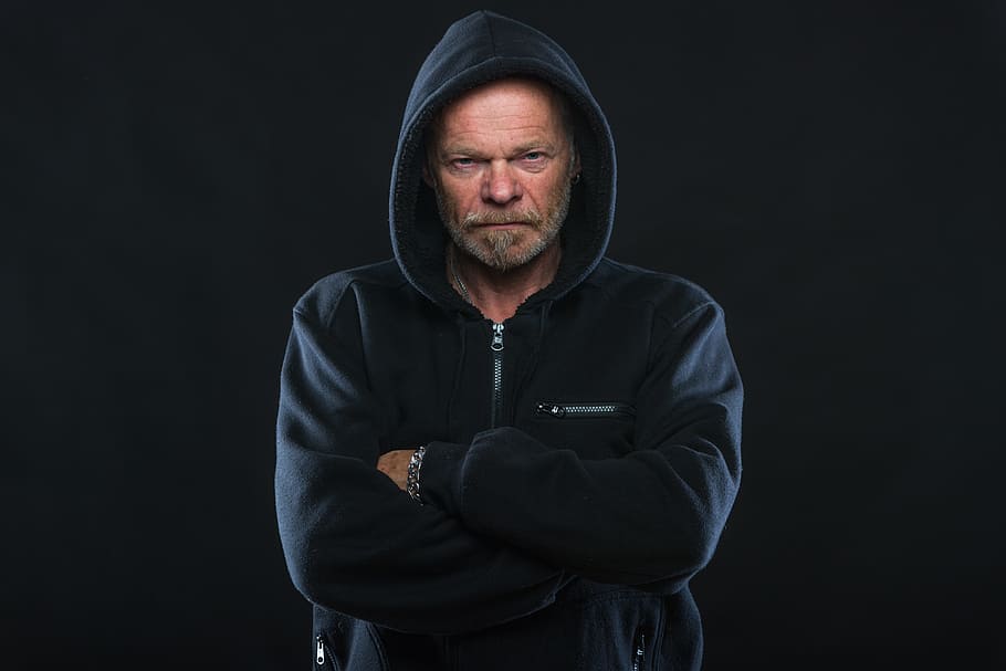 man, black, zip-up hoodie photo, angry, hoodie, old, bart, one person, studio shot, portrait